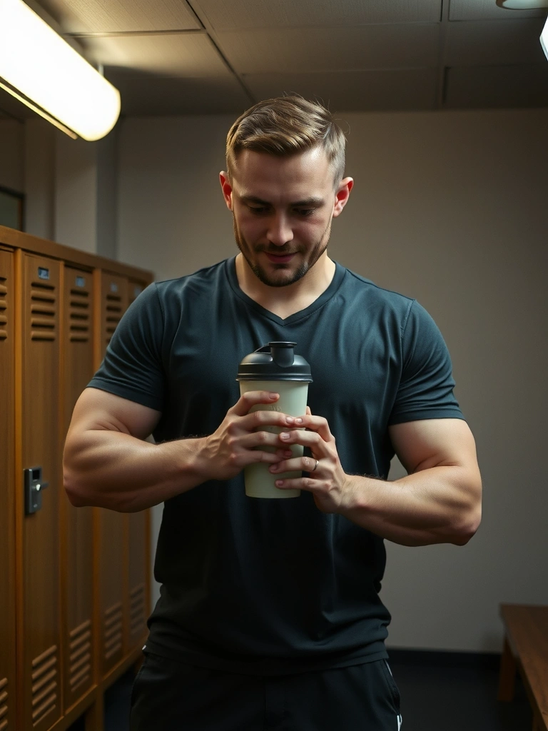 Athlet bereitet Shaker im düsteren Fitnessstudio vor